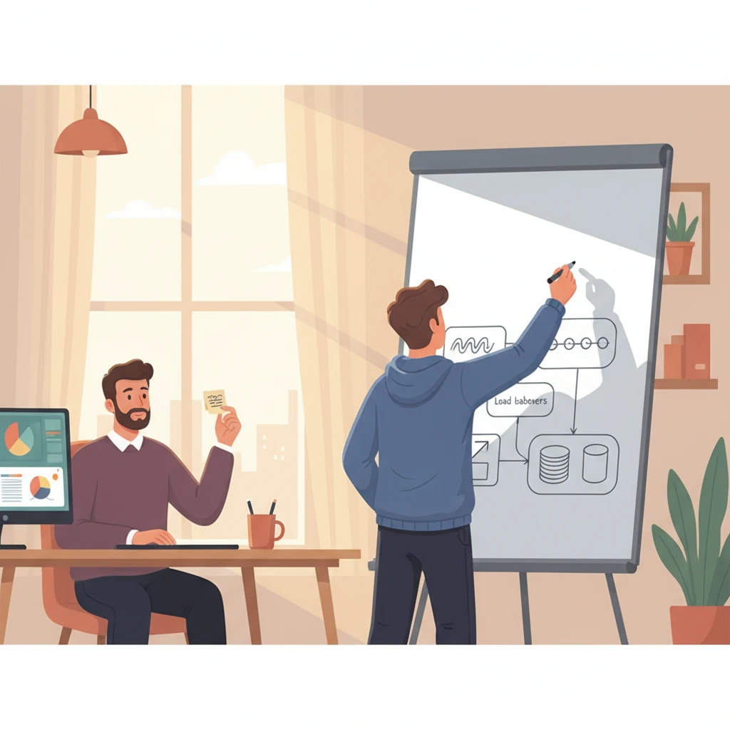 Stylized illustration of a fresher at a whiteboard enthusiastically drawing boxes for load balancers, caches, and databases, while the interviewer sits across with a sticky note reading 'requirements' and a subtle puzzled expression; the top of the whiteboard is intentionally blank, emphasizing the skipped step of clarifying requirements before component design. - illustration