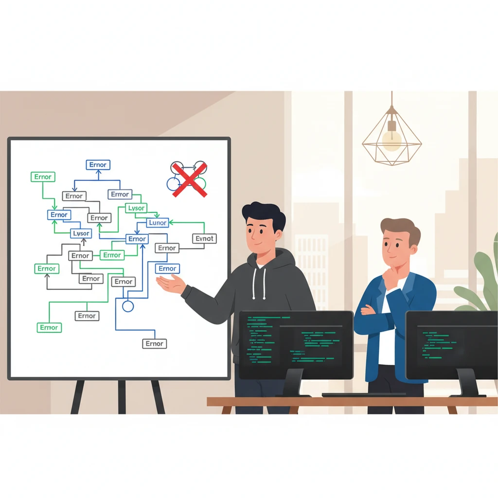 A developer pointing at a whiteboard covered in a chaotic flowchart of error loops and branching logic, with a crossed-out simplistic 'LLM in a loop' diagram in the corner, while another developer watches. - illustration