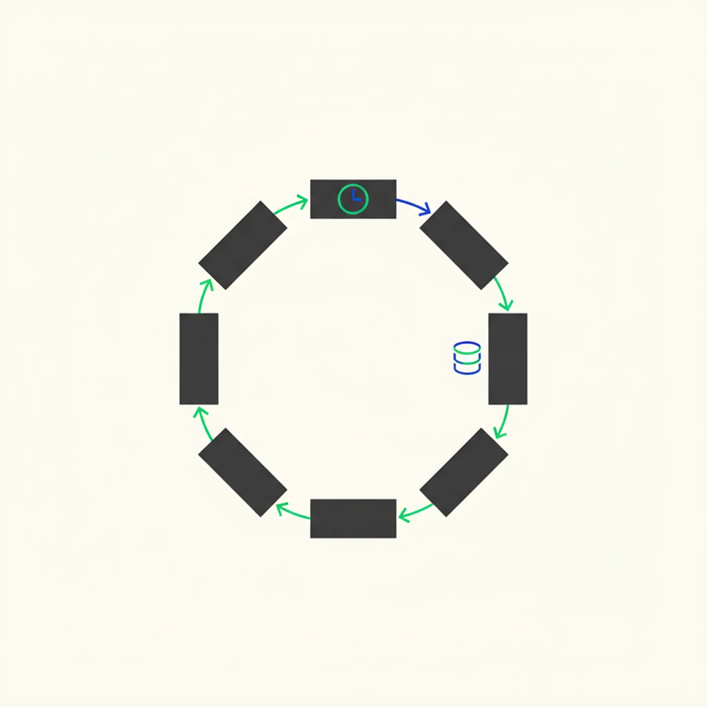A clean 2D flow diagram with labeled nodes: 'Perception', 'Memory Retrieval', 'Tool Selection', 'Reasoning', and 'Action', connected by arrows forming a loop, with a small clock icon near 'Reasoning' and a database icon near 'Memory Retrieval'. - illustration
