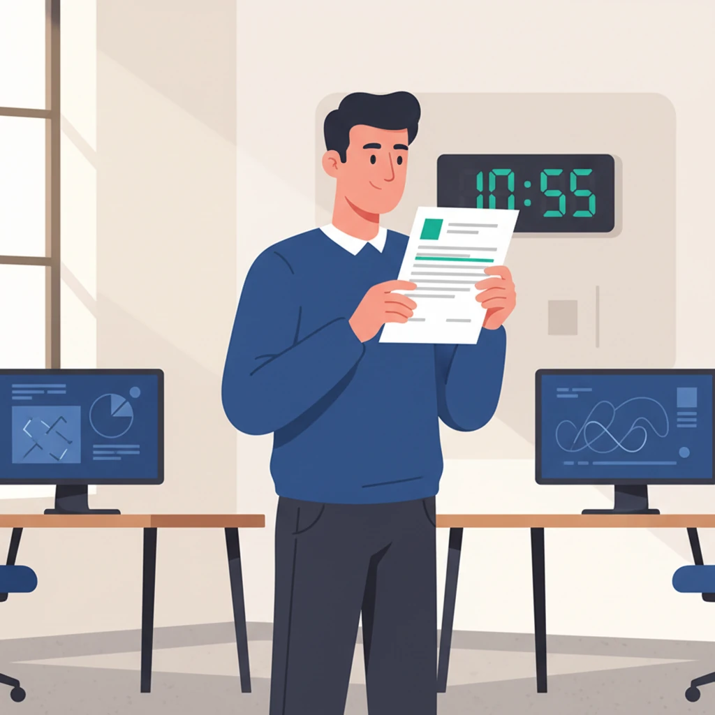A recruiter in a minimalist, well-lit office holding a resume up to their eyes, with a large digital clock on the wall reading 7:4 seconds, their gaze fixed on a single highlighted line of text while the rest of the page fades into subtle blur. - illustration