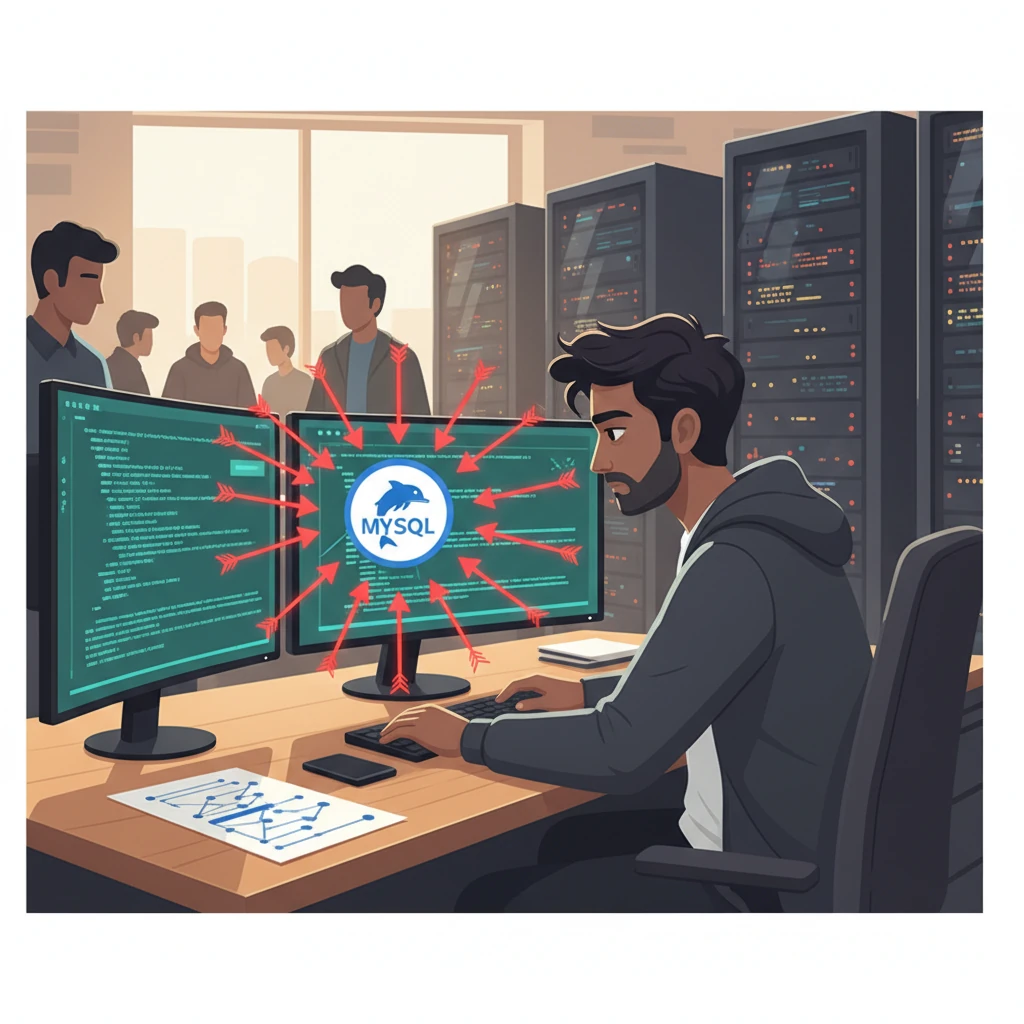 A stressed developer in a busy Indian office cubicle staring at a MySQL database icon surrounded by 101 glowing red query arrows pointing at it, while a GraphQL schema sheet lies on the desk showing a nested 'orders/user' field, with legacy server racks in the background - illustration