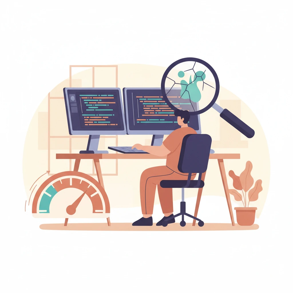 A developer at a desk with a speedometer gauge on one side showing a high reading and a cracked magnifying glass on the other side revealing hidden bugs in the code on screen. - illustration