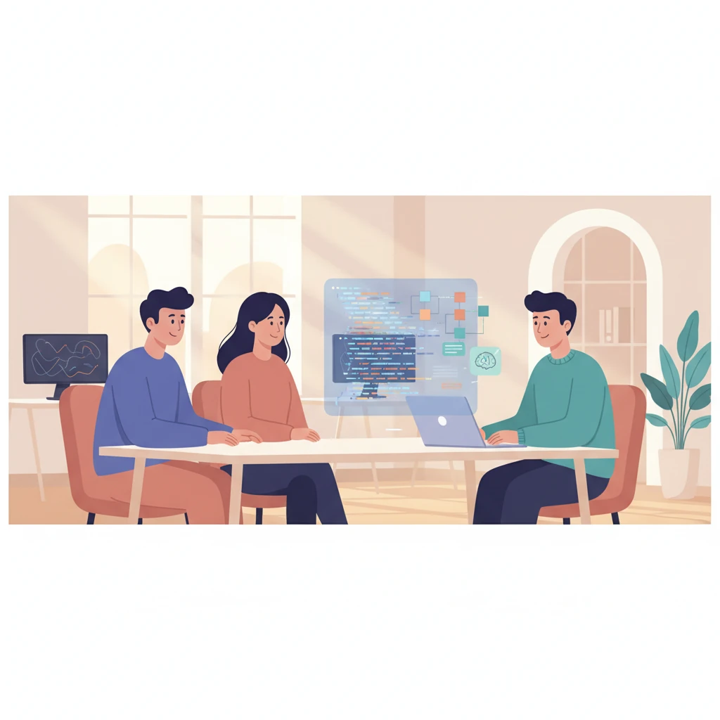 Two interviewers sitting across from a candidate, with a holographic screen between them showing a mix of code and architectural diagrams, while a small AI icon hovers near the candidate's laptop. - illustration