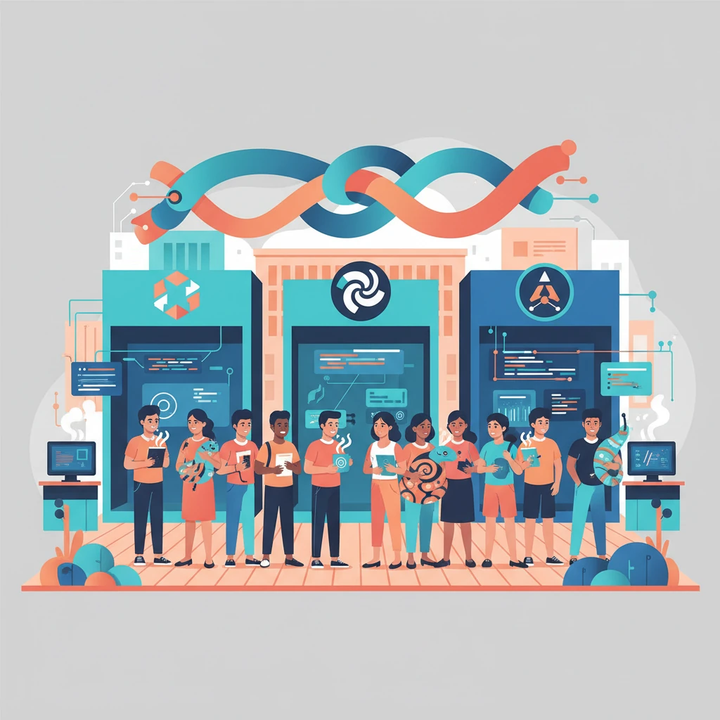 A vibrant Indian college campus placement drive with multiple company booths (TCS, Infosys, Wipro) and students queuing, some holding Java coffee mugs, others holding Python plush toys, with a banner reading 'Hiring Landscape'. - illustration