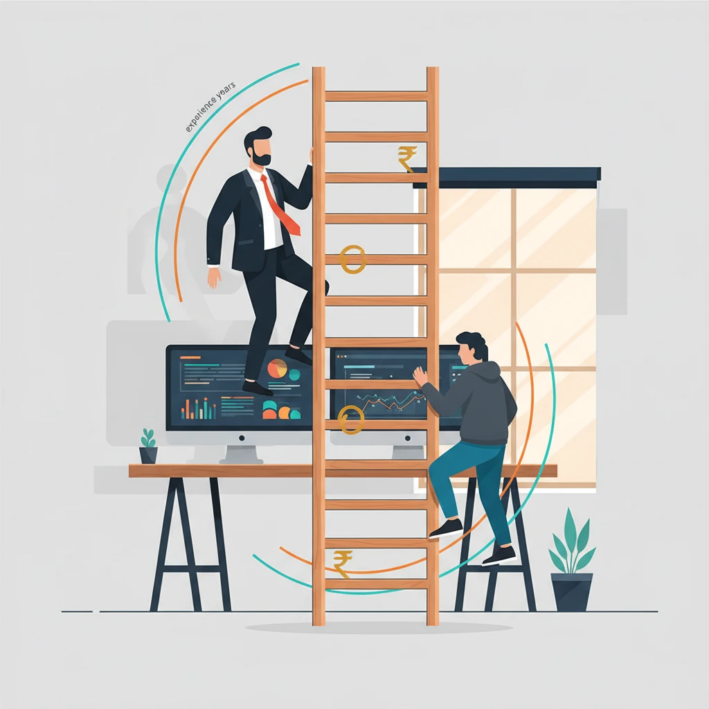 A salary ladder with two figures: one in a formal suit (Java) climbing higher initially, another in a casual hoodie (Python) catching up at senior levels, with Indian rupee symbols and experience years marked on rungs. - illustration