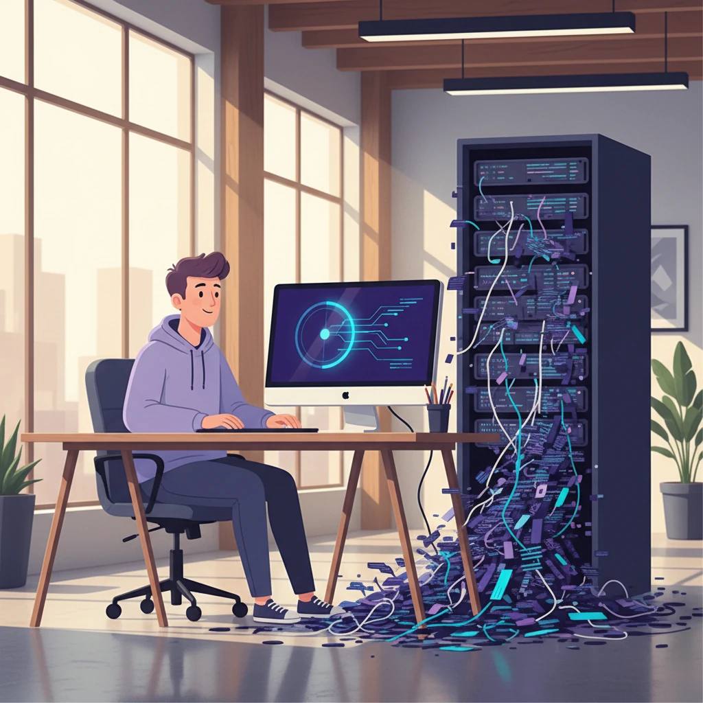 A developer in a modern office stares at a large monitor displaying a perfect 100% evaluation score, while behind them a tangled web of broken code and mismatched outputs spills out of a server rack, unnoticed - illustration