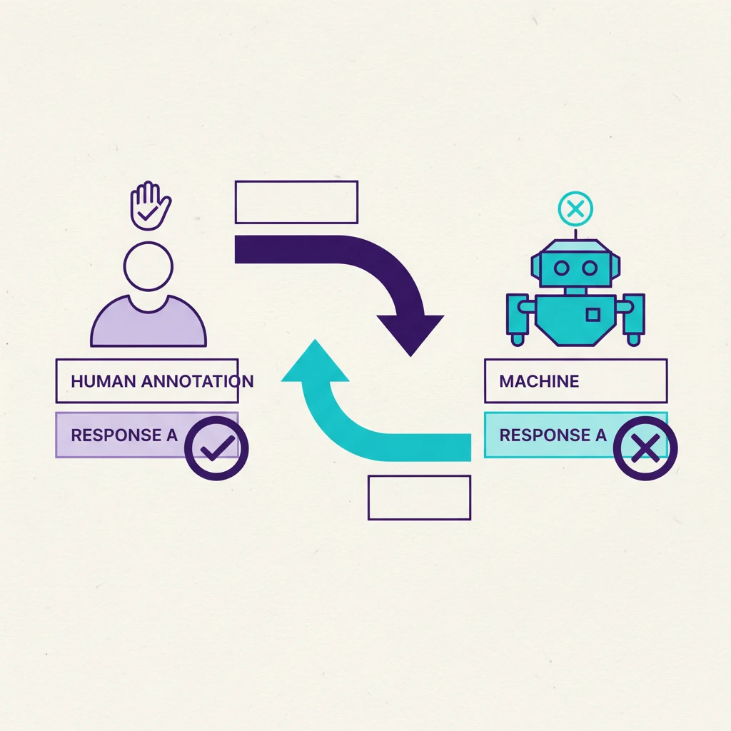 A clean two-column diagram: left side shows a human annotator marking a response as 'correct' while a machine marks it 'incorrect', with a central arrow labeled 'False Negative' and 'False Positive' crossing between them, all on a light canvas with Swiss-style typography - illustration