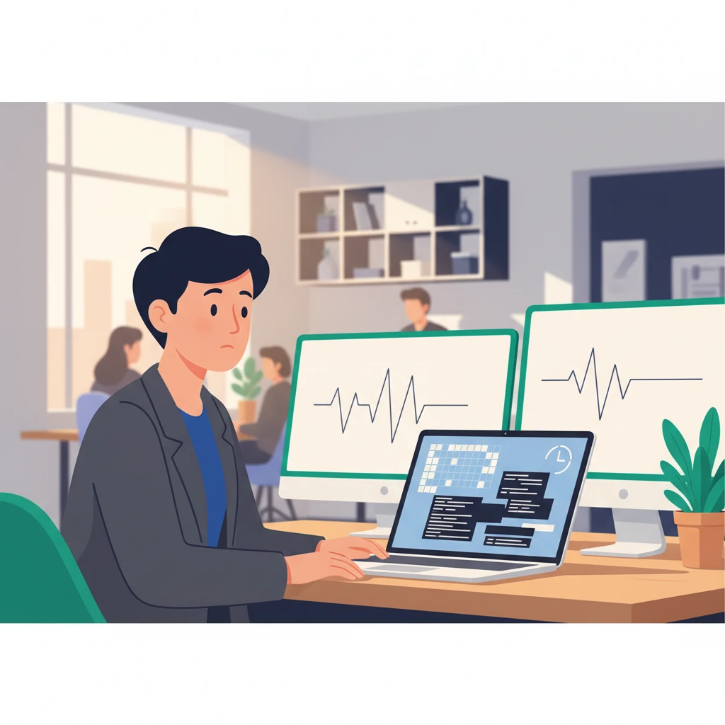 A recruiter in a clean, modern office setting, glancing at a laptop screen showing a GitHub profile with a large, empty commit graph and a messy repository list, while a clock icon in the corner displays '30s' ticking down. - illustration