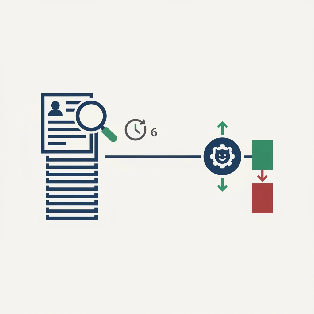 A clean 2D diagram showing a pipeline: a stack of 500+ resume icons on the left, a magnifying glass scanning one resume in 6 seconds, then a branching path where a GitHub profile icon either leads to a green 'interview' arrow or a red 'skip' arrow, with a small clock icon next to the scan. - illustration
