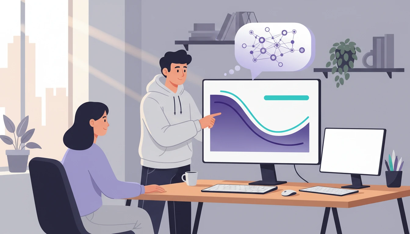 Two data scientists in a modern office, one pointing at a monitor displaying a graph with two curves: one labeled 'Fine-Tuned Model Accuracy' dropping over time, and another labeled 'RAG Accuracy' staying high, with a thought bubble showing 'Accuracy depends on context'. - illustration