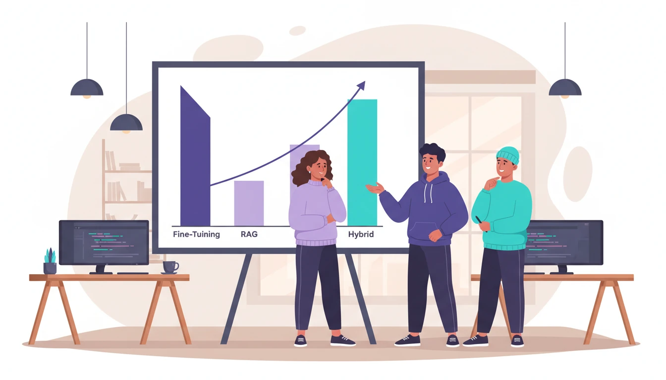 A team of three engineers around a whiteboard with a cost comparison graph: 'Fine-Tuning' shows high upfront cost, 'RAG' shows lower upfront but higher ongoing cost, and a third bar 'Hybrid' shows balanced cost. One engineer says 'Cost depends on use case'. - illustration