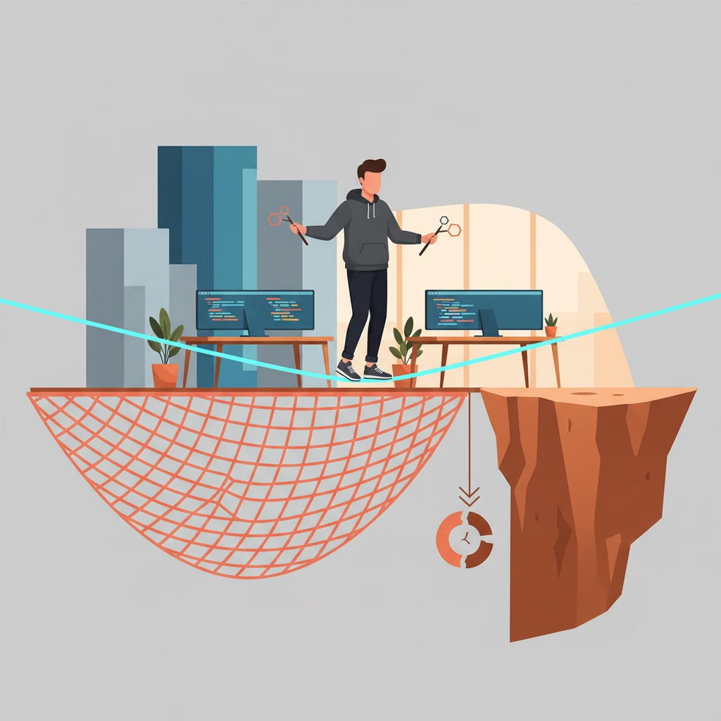 A tightrope walker balancing on a thin line above a safety net labeled 'MNC' on one side and a jagged cliff labeled 'Startup' on the other, with a 90% failure rate sign near the cliff - illustration