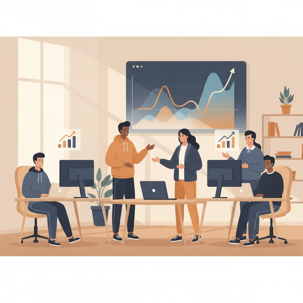 A stylized tech workspace showing four forward deployed engineers collaborating around a digital whiteboard that displays a glowing compensation curve and a demand heatmap, with a salary chart icon floating above their laptops. - illustration