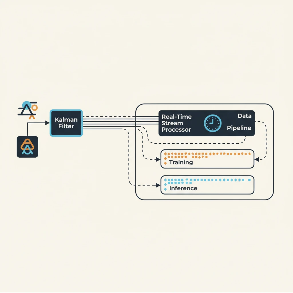 A top-down system diagram of a real-time sensor fusion pipeline: raw sensor data enters a 'Kalman Filter' block, passes into a 'Real-Time Stream Processor' with a clock icon, then flows into a 'Data Pipeline' with parallel queues labeled 'Training' and 'Inference'. - illustration