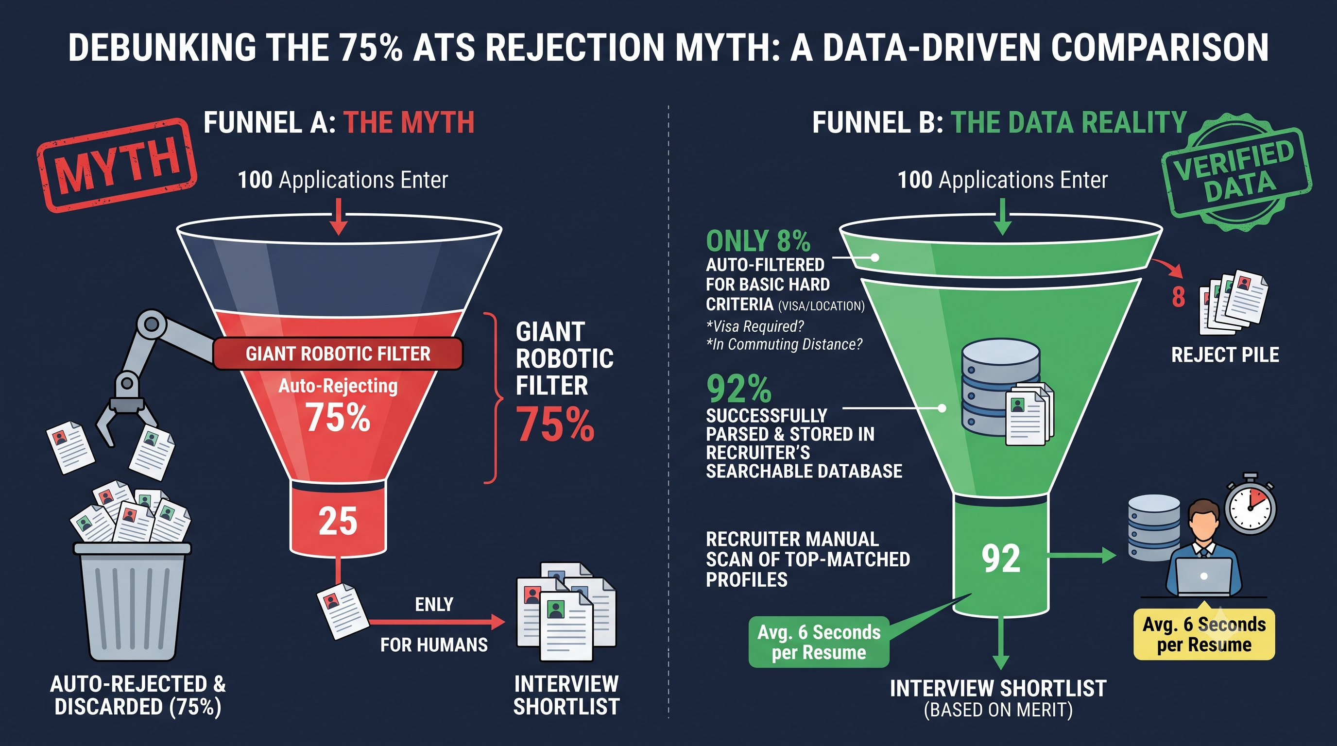 Infographic comparing the myth of 75% ATS rejection rate versus the actual 8% auto-rejection rate.