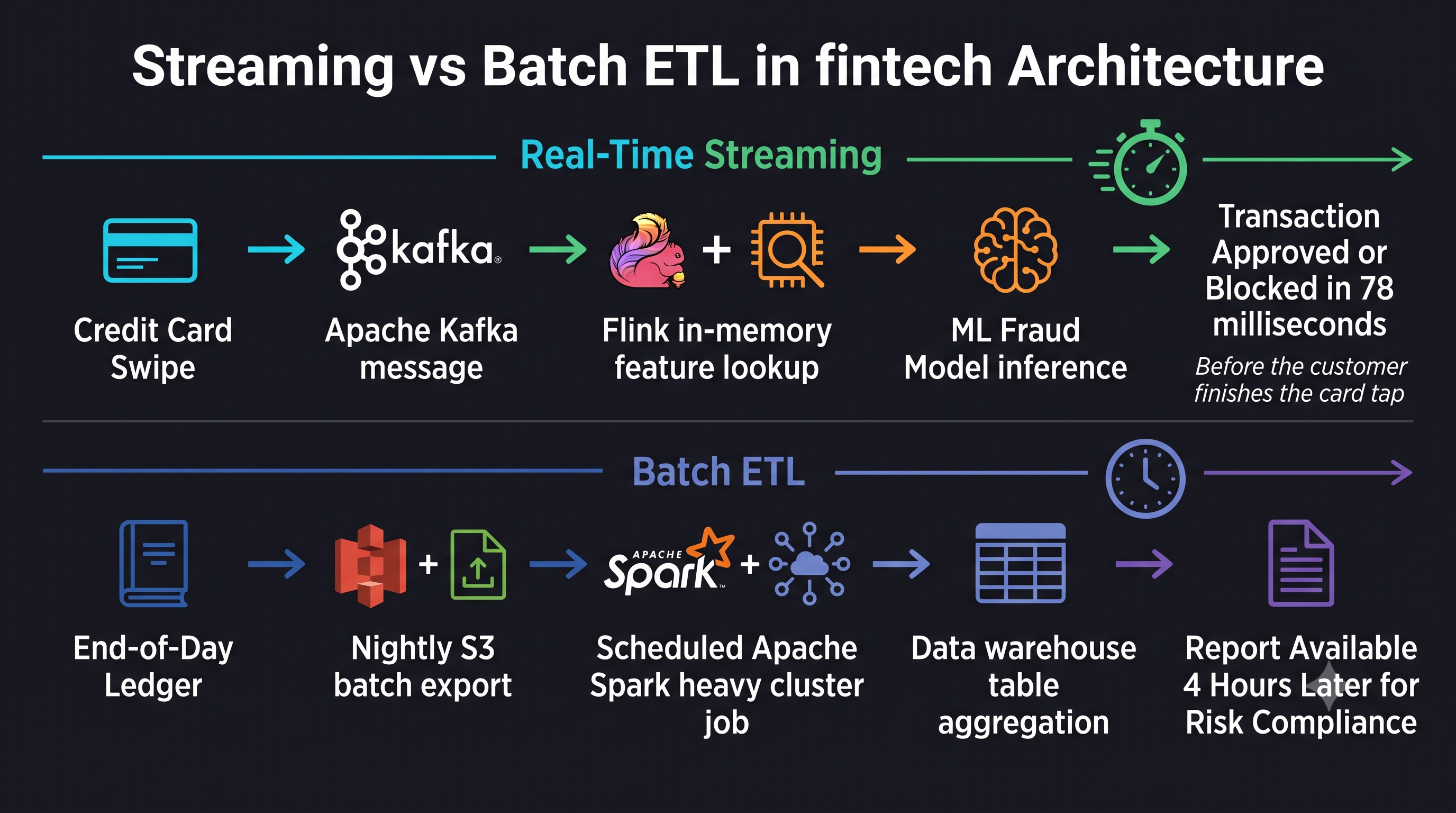 Infographic comparing streaming and ETL pipeline speeds for fraud detection