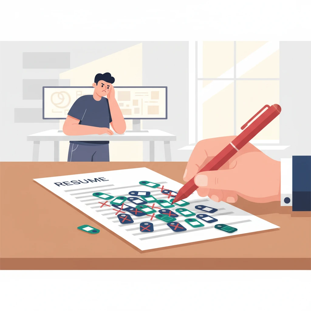 A resume with an overflowing list of skill tags, some falling off the page, while a recruiter's hand holds a red pen crossing out many of them, with a frustrated expression in the background - illustration