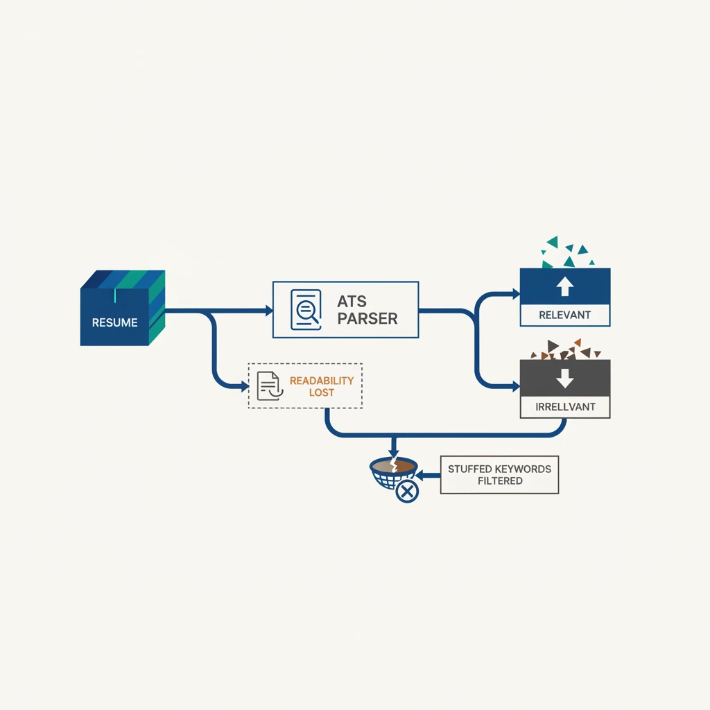 A clean flowchart showing a resume entering an ATS parser, keywords extracted and sorted into 'relevant' and 'irrelevant' bins, with a note that readability is lost and the pipeline filters out stuffed keywords - illustration