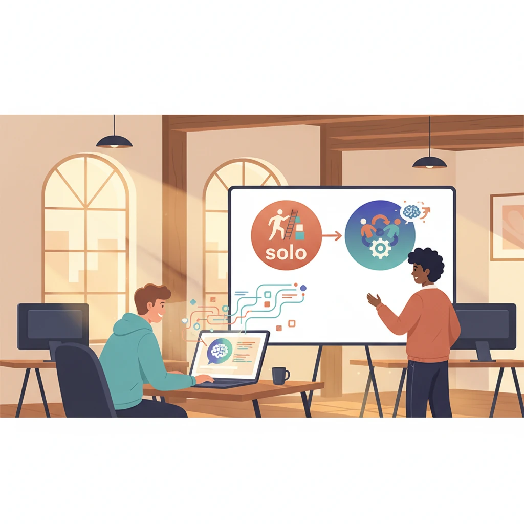Two software engineers in a modern office, one leaning over a laptop with a glowing AI copilot interface (e.g., a chatbot icon and code suggestions), the other reviewing a whiteboard that contrasts '500 LeetCode solo' with 'AI-assisted collaboration' bubbles, all in a clean vector style with soft pastel highlights. - illustration