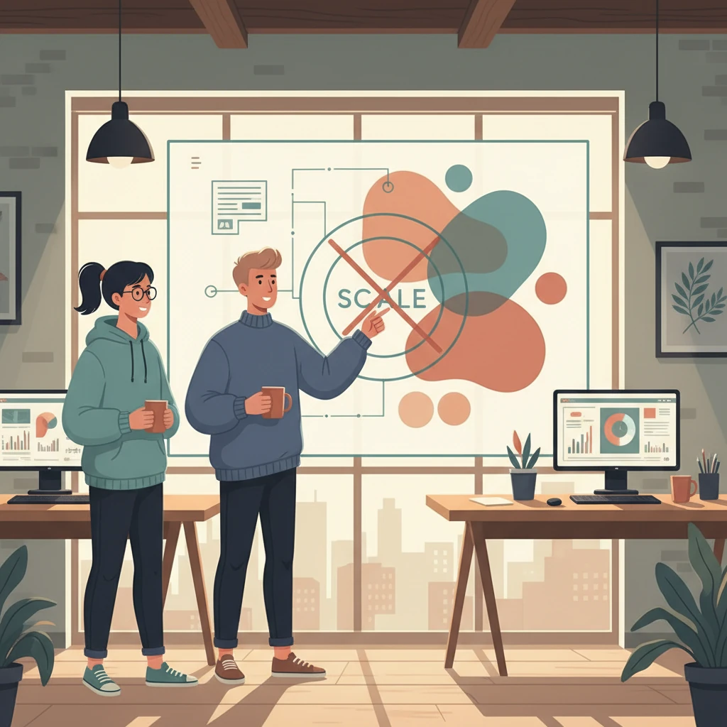 A whiteboard in a bright meeting room with a sketched system architecture diagram that has 'Scale' crossed out and replaced with overlapping labels 'Cost', 'Latency', 'Reliability', 'Security', and an engineer pointing at the board while another holds a coffee mug, all rendered in a clean, editorial illustration style with muted greens and grays. - illustration